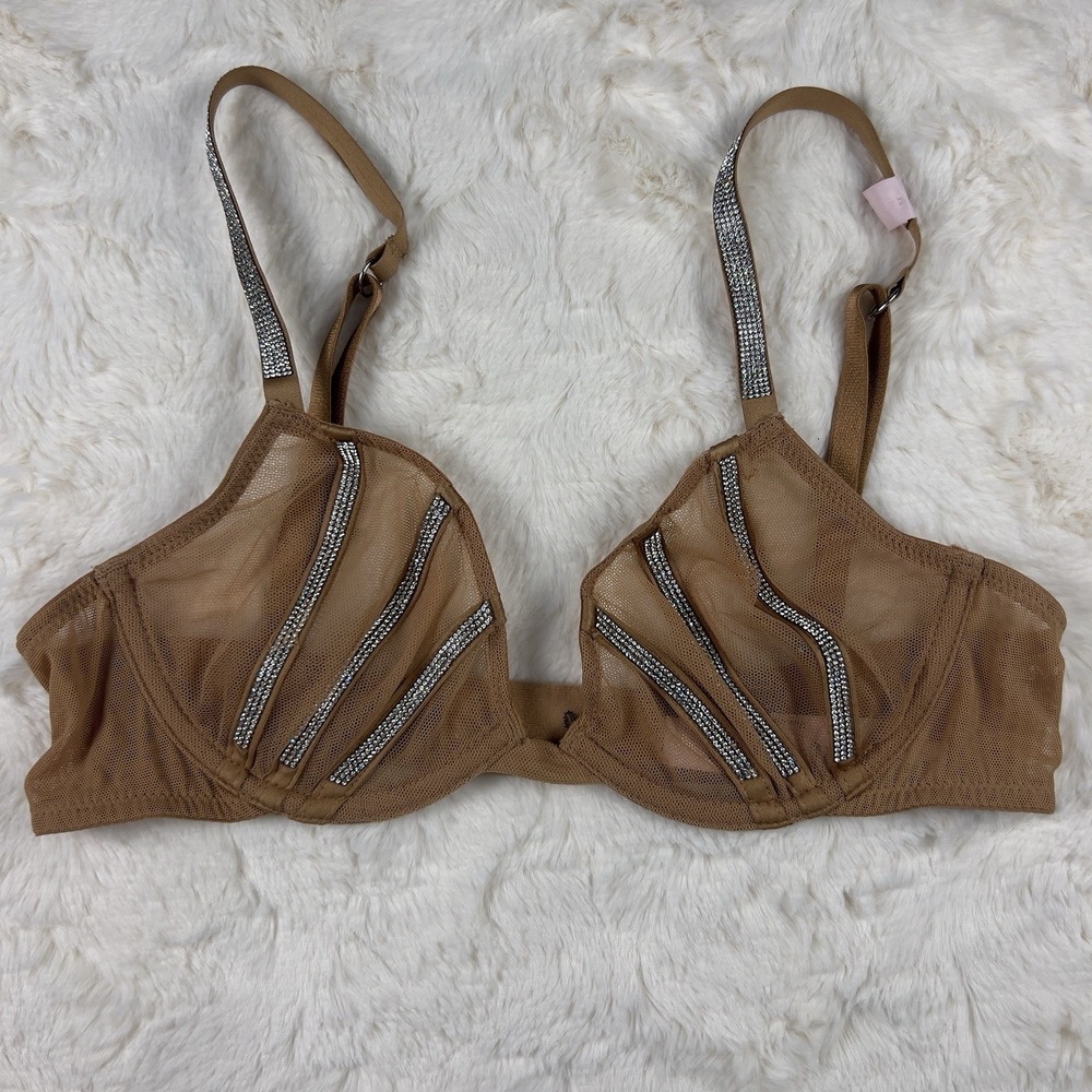 Victoria's Secret Very Sexy Mesh Shine Strap‎ Demi Bra Tan/Beige Low Cut 34B NWT